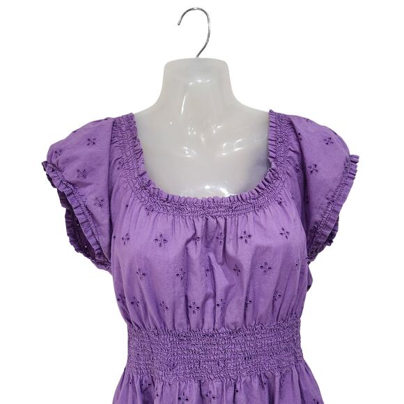 Divided H&M Square Neck Eyelet Floral Milkmaid Mini Dress Purple Smocked Size 4 - Picture 3 of 10